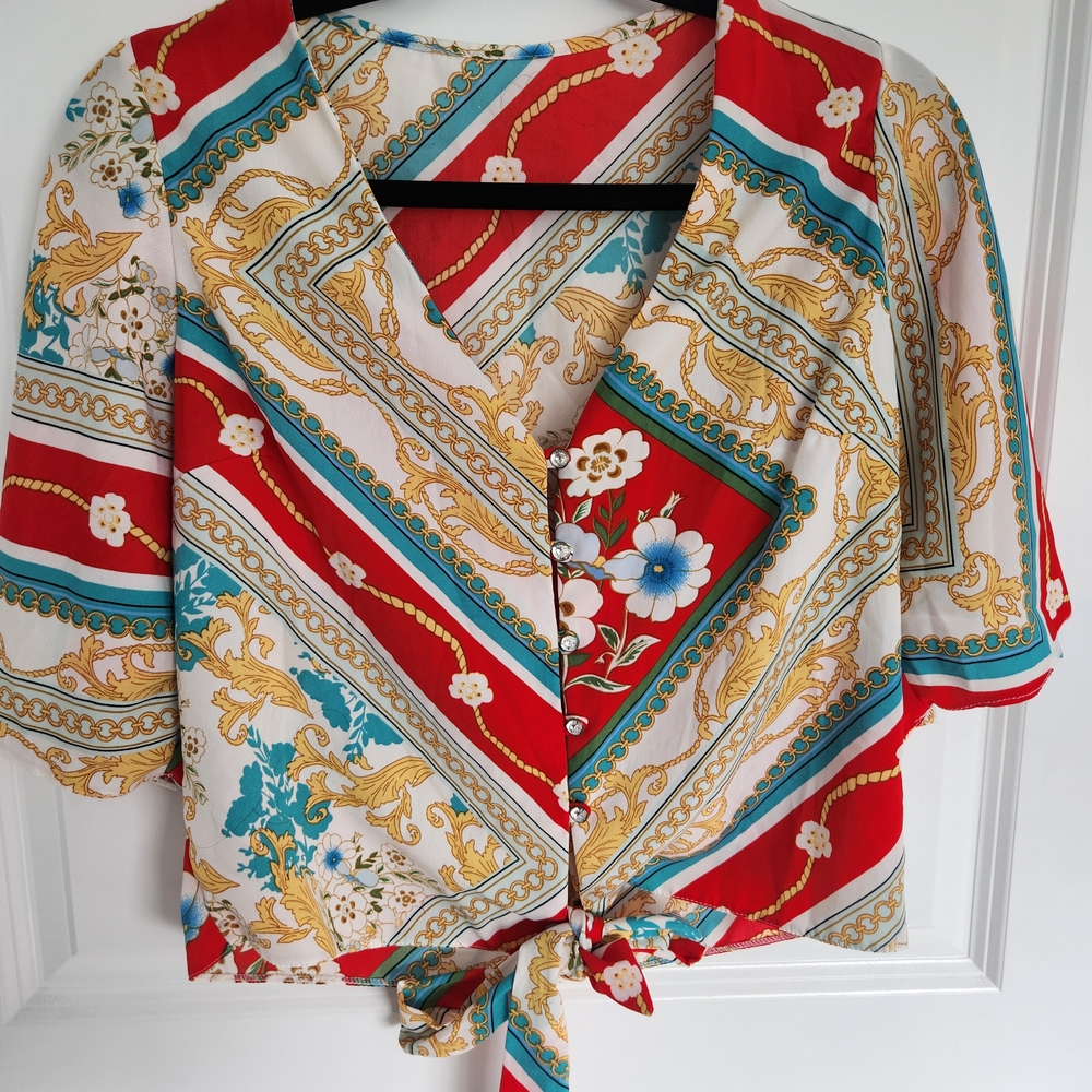 Floral Patterned Red and Blue Women's Top